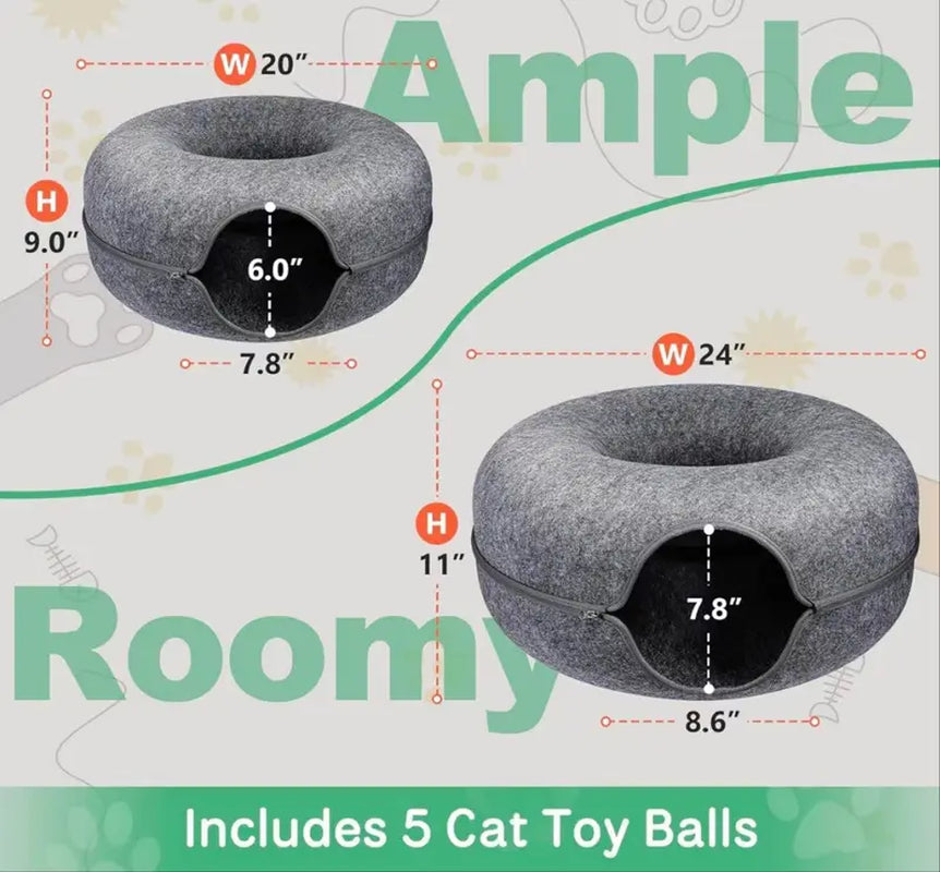 Furrmazing Cat Tunnel Bed for Indoor Cats with 3 Toys, Large Donut Cat Cave Bed, Scratch Resistant Cat Bed, for Cats up to 30 Lbs