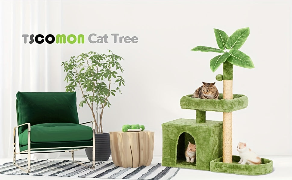 31.5" Cat Tree For Indoor Cats, Cat Tower With Cat Condo, Hanging Ball, Srcathing Post, Green