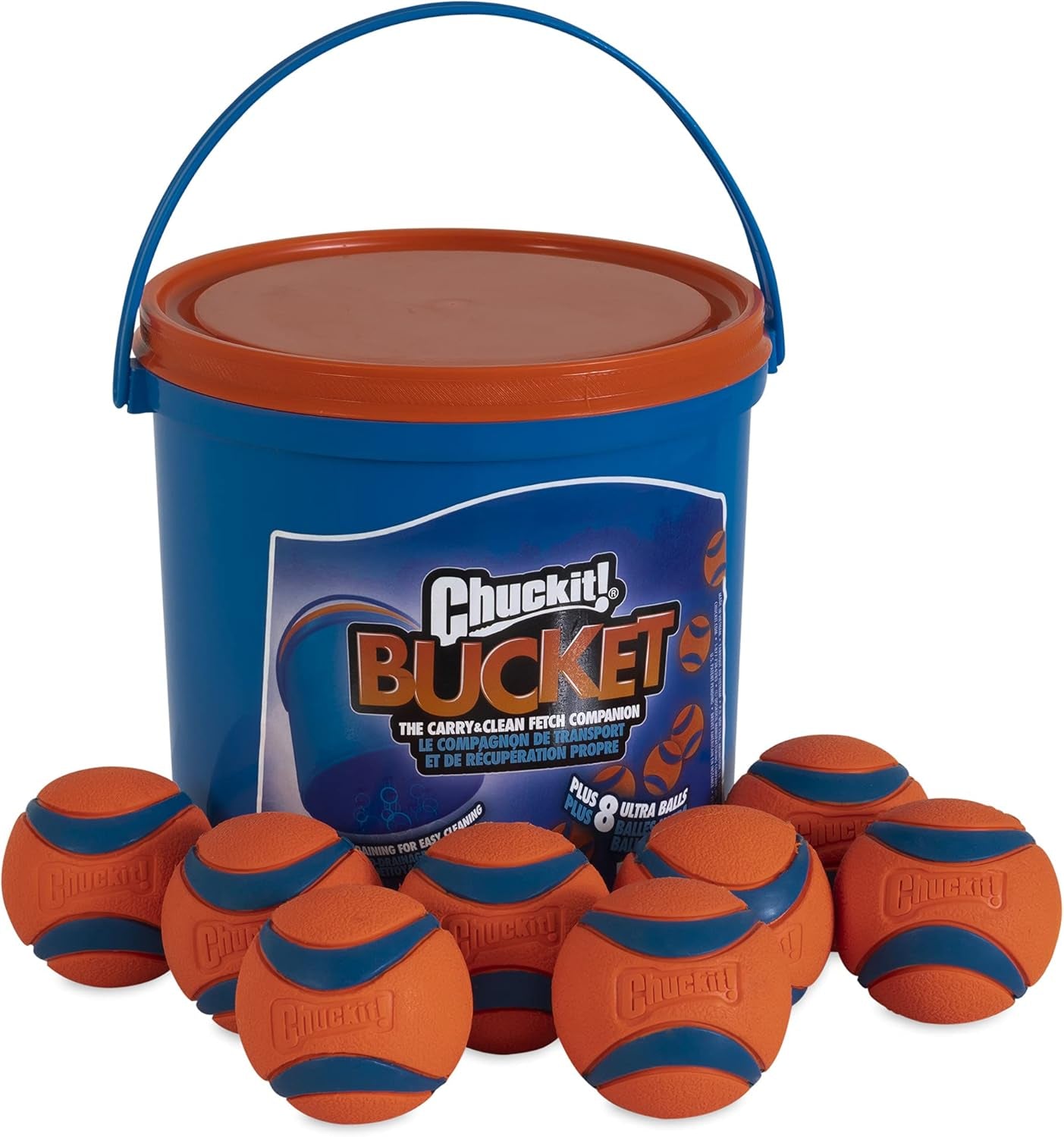 Ultra Ball Dog Toy with  Cleaning Bucket Bundle - Bouncy Fetch Pet Toys for Dogs 20-60 Lbs - Floats in Water - Durable Rubber - Size Medium - 2.5-Inch Diameter - 8-Pack of Balls
