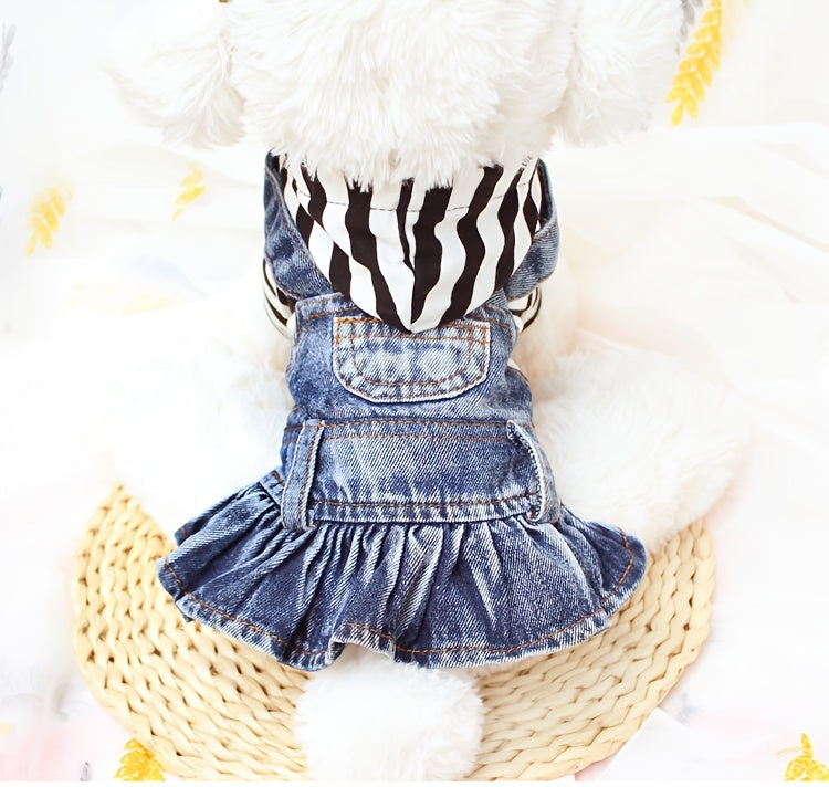 1pc Adorable Striped Denim Princess Jumpsuit Dog Dress - Soft Plaid Hoodie Jacket for Small Dogs, Spring and Autumn Pet Clothes, Comfortable and Stylish Puppy Outfit