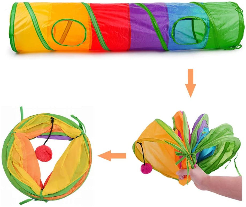 Colorful Cat Tunnel with Collapsible Tubes, Red Fun Ball, and 2 Holes - Interactive Indoor Play Toy for Cats