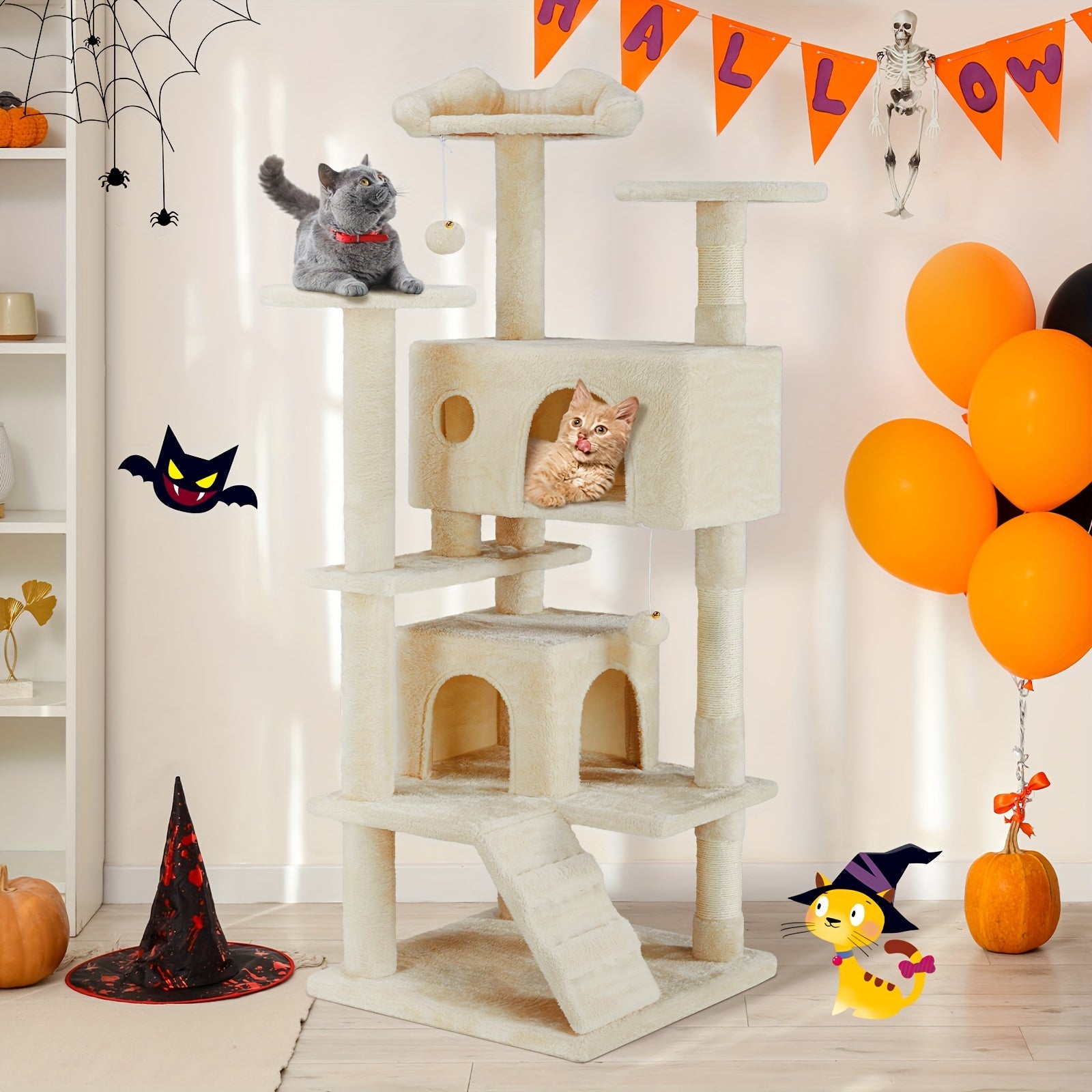 54in Tall Multi-Level Cat Tree Tower for Indoor Cats, Kitty Play House with Sisal Scratching Post, Large Condo, Climbing Ladder, Pet Furniture, Plush Toy for Kitten