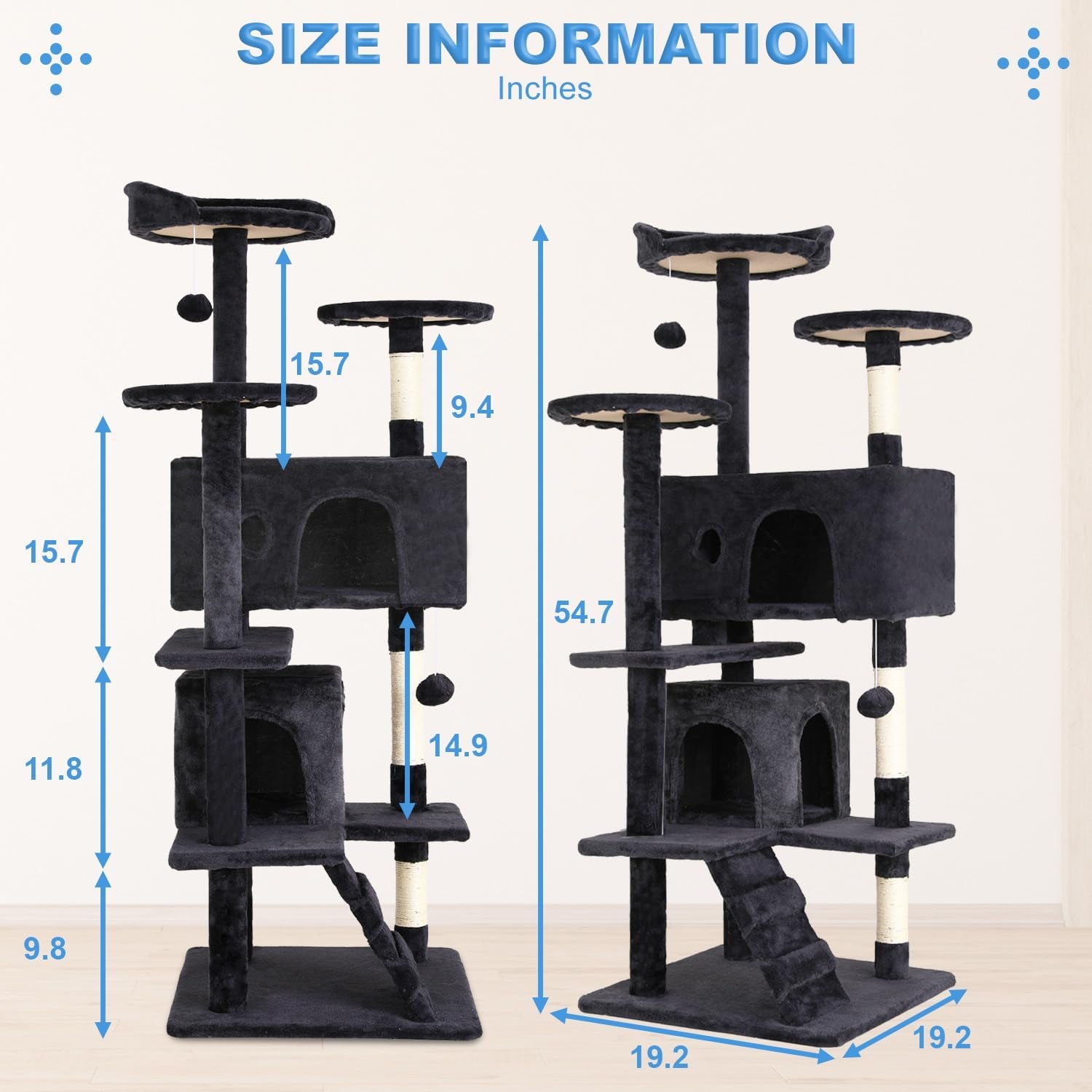 Cat Tree 54In Cat Tower Multi-Level Durable Cat Scratching Post & Cozy Fun Cat Jumping Platform Space Saving Cat Condo Pet Play House for Indoor Cats,Dark Gray