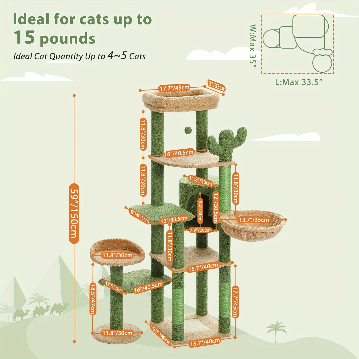 59" Cactus Cat Tree, Large Cat Tree For Indoor Cats, Cat Tower For Large Cats, Multi-Level Cat Tower, Cat Condo With Large Hammock, Scratching Post, And 2 Perches