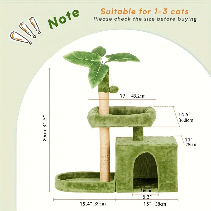 31.5" Cat Tree For Indoor Cats, Cat Tower With Cat Condo, Hanging Ball, Srcathing Post, Green