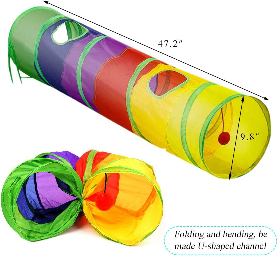 Colorful Cat Tunnel with Collapsible Tubes, Red Fun Ball, and 2 Holes - Interactive Indoor Play Toy for Cats