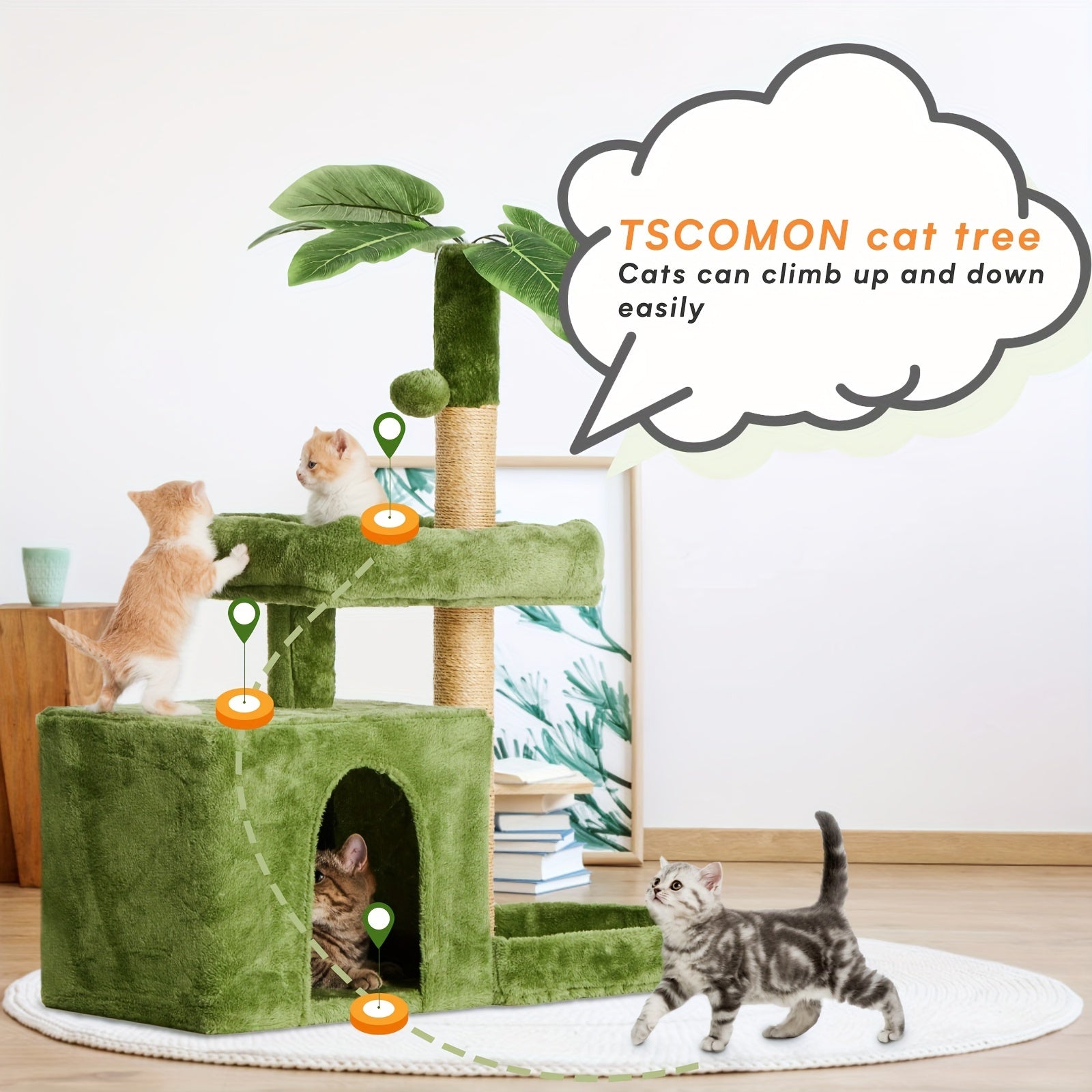 31.5" Cat Tree For Indoor Cats, Cat Tower With Cat Condo, Hanging Ball, Srcathing Post, Green