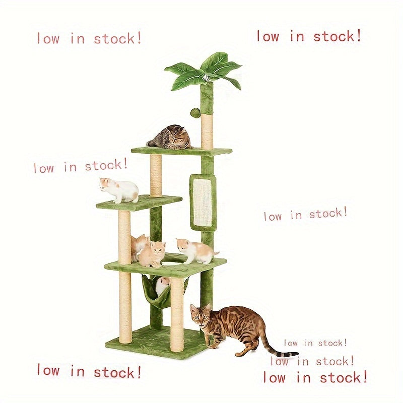 "55'' Cat Tree Tower With Green Leaves Cozy Plush Condo, Leaf-Shaped Design & Scratching Posts For Indoor Cats! Perfect Playhouse With Hanging Ball For Active Felines."