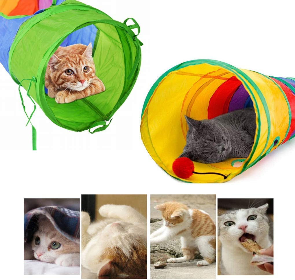 Colorful Cat Tunnel with Collapsible Tubes, Red Fun Ball, and 2 Holes - Interactive Indoor Play Toy for Cats