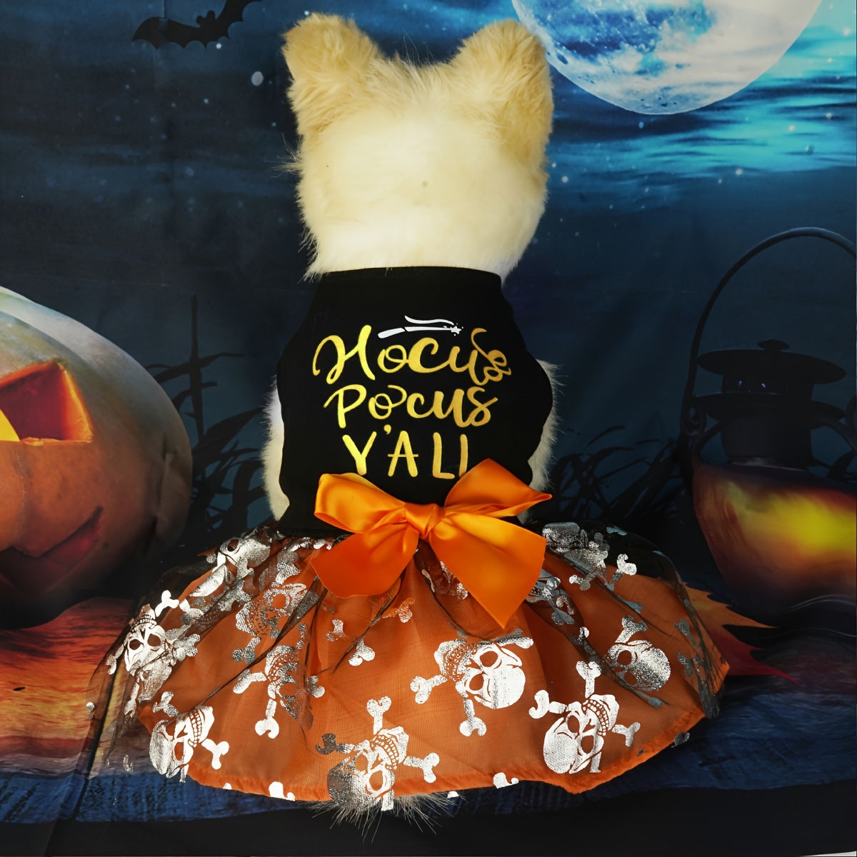 Hocus Pocus Y'all Dog Dress - Halloween Party Knit Fabric Pet Costume with Mesh Tutu Skirt - Pumpkin & Skeleton Print Pullover for Medium, Large, Small, Mini & Toy Breeds - 100% Polyester Fiber