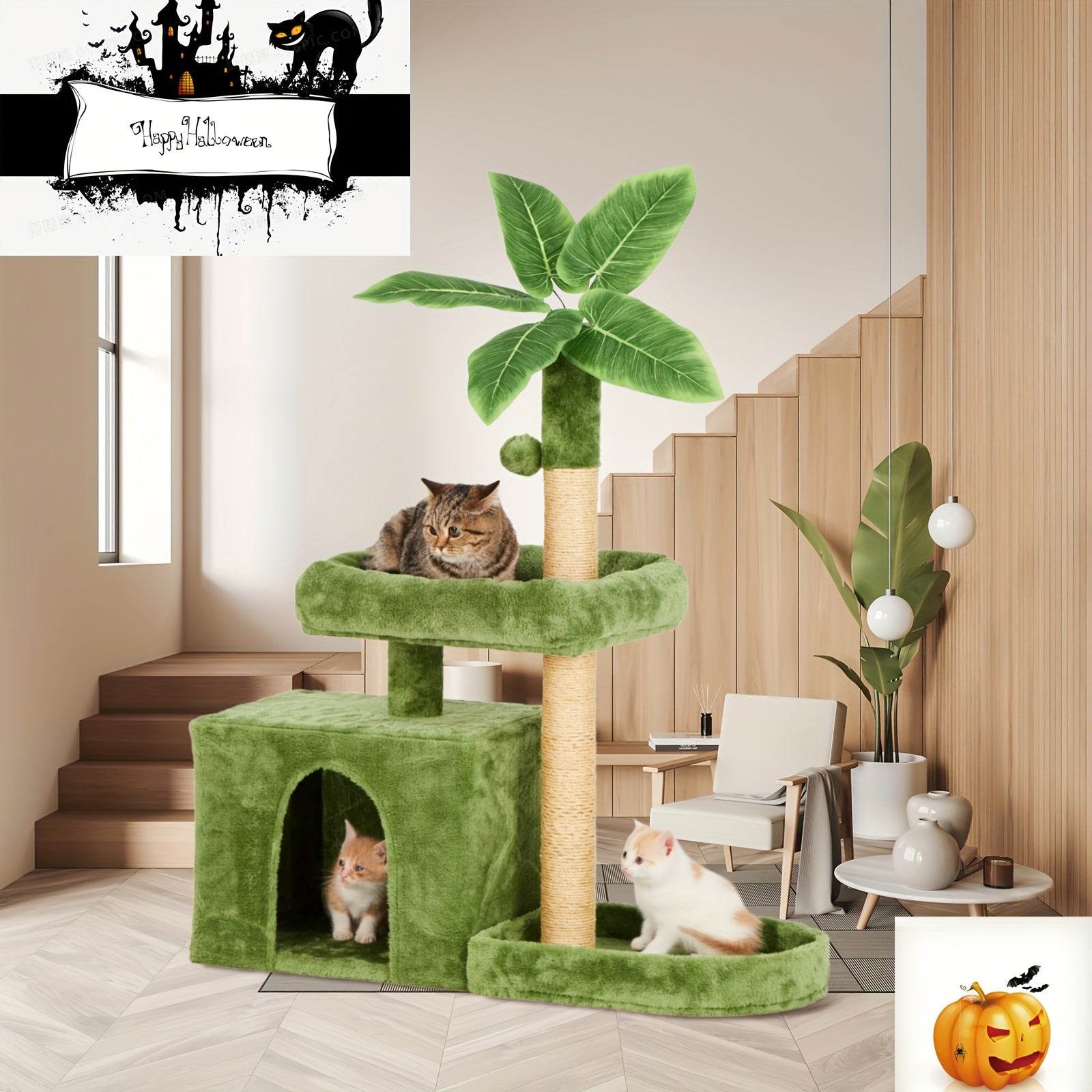 31.5" Cat Tree For Indoor Cats, Cat Tower With Cat Condo, Hanging Ball, Srcathing Post, Green