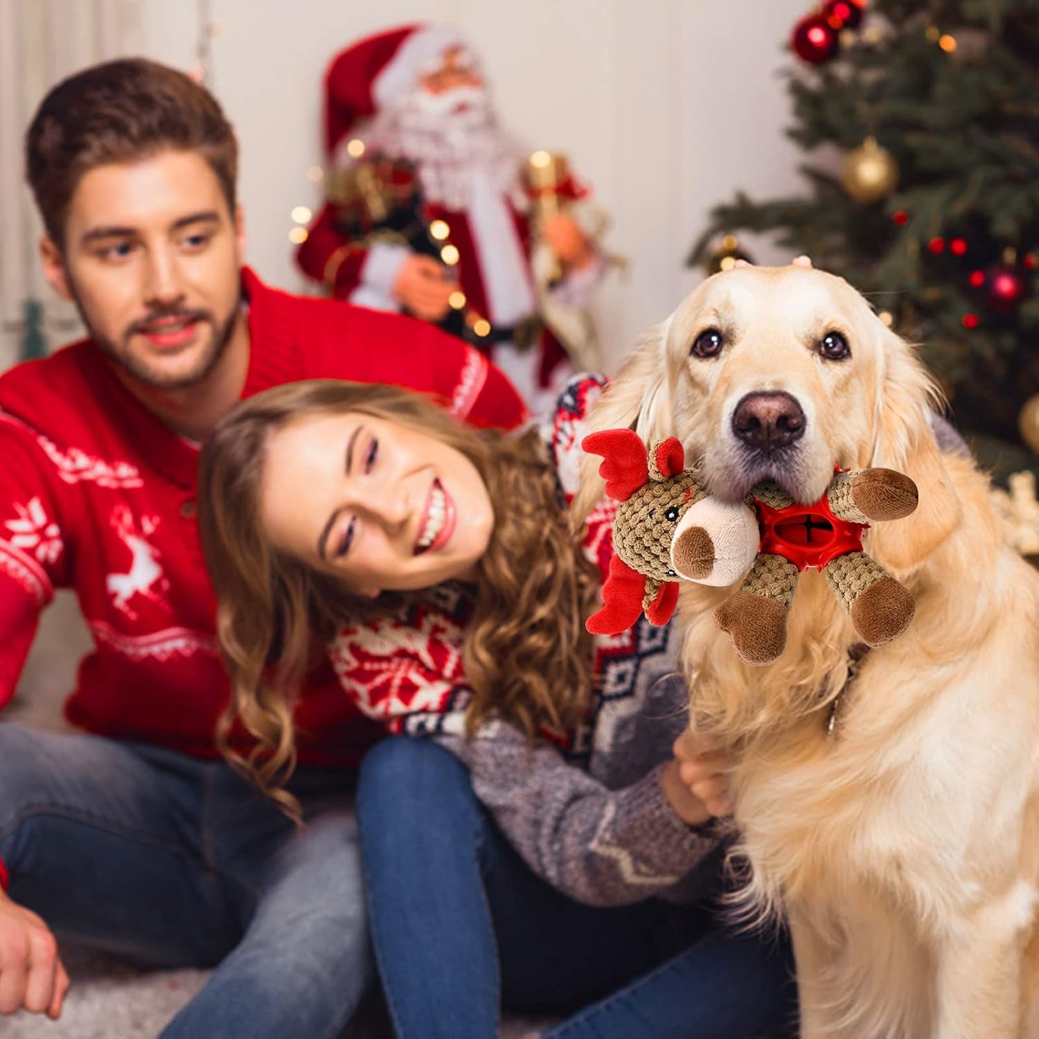 Christmas Squeaky Dog Toys, Durable Latex Rubber Dog Chew Bite Toy Stuffed Dog Toys, Funny Interactive Dog Toys with Crinkle Paper for Puppy Small Medium Pets Dogs (Elk)
