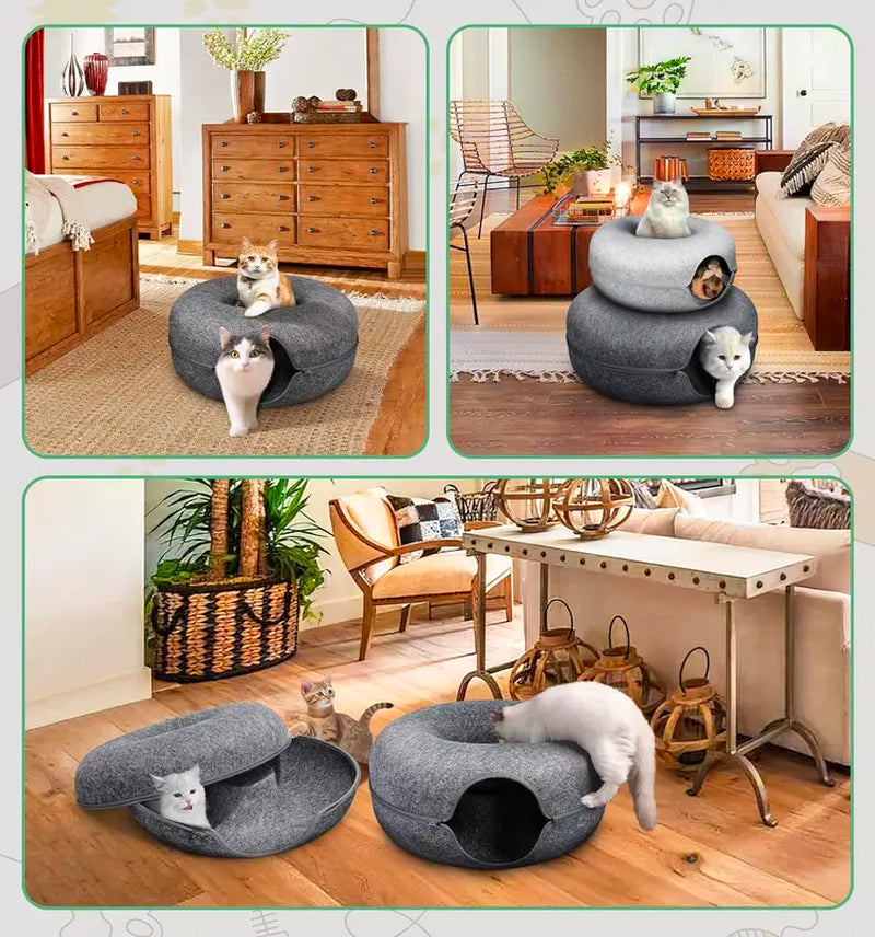 Furrmazing Cat Tunnel Bed for Indoor Cats with 3 Toys, Large Donut Cat Cave Bed, Scratch Resistant Cat Bed, for Cats up to 30 Lbs