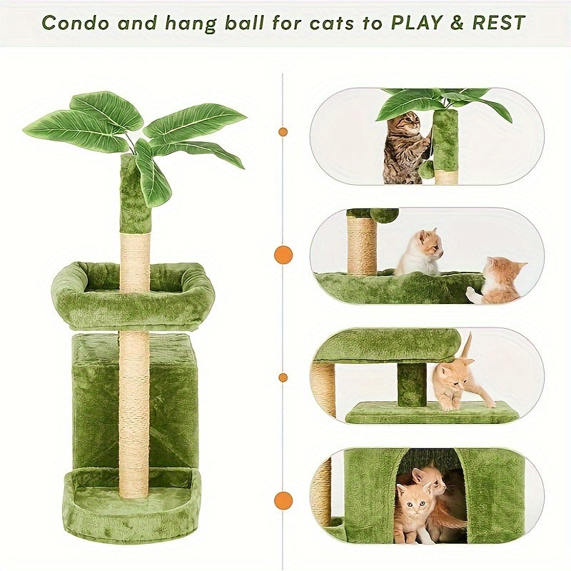 "55'' Cat Tree Tower With Green Leaves Cozy Plush Condo, Leaf-Shaped Design & Scratching Posts For Indoor Cats! Perfect Playhouse With Hanging Ball For Active Felines."