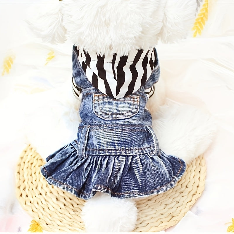 1pc Adorable Striped Denim Princess Jumpsuit Dog Dress - Soft Plaid Hoodie Jacket for Small Dogs, Spring and Autumn Pet Clothes, Comfortable and Stylish Puppy Outfit