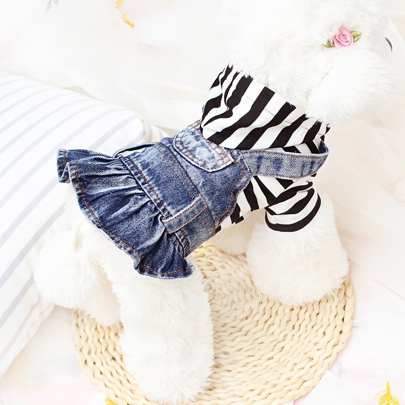 1pc Adorable Striped Denim Princess Jumpsuit Dog Dress - Soft Plaid Hoodie Jacket for Small Dogs, Spring and Autumn Pet Clothes, Comfortable and Stylish Puppy Outfit