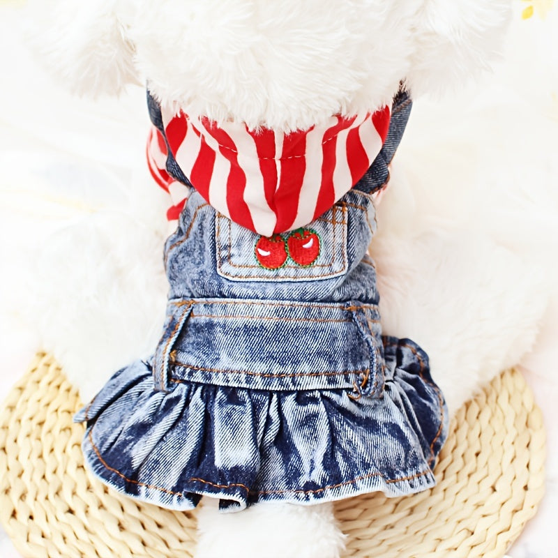 1pc Adorable Striped Denim Princess Jumpsuit Dog Dress - Soft Plaid Hoodie Jacket for Small Dogs, Spring and Autumn Pet Clothes, Comfortable and Stylish Puppy Outfit