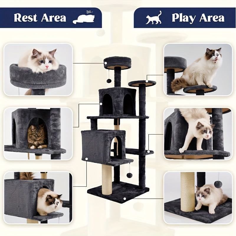 "55'' Cat Tree Tower With Green Leaves Cozy Plush Condo, Leaf-Shaped Design & Scratching Posts For Indoor Cats! Perfect Playhouse With Hanging Ball For Active Felines."