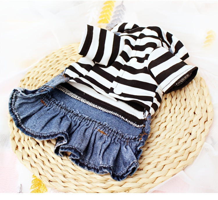 1pc Adorable Striped Denim Princess Jumpsuit Dog Dress - Soft Plaid Hoodie Jacket for Small Dogs, Spring and Autumn Pet Clothes, Comfortable and Stylish Puppy Outfit