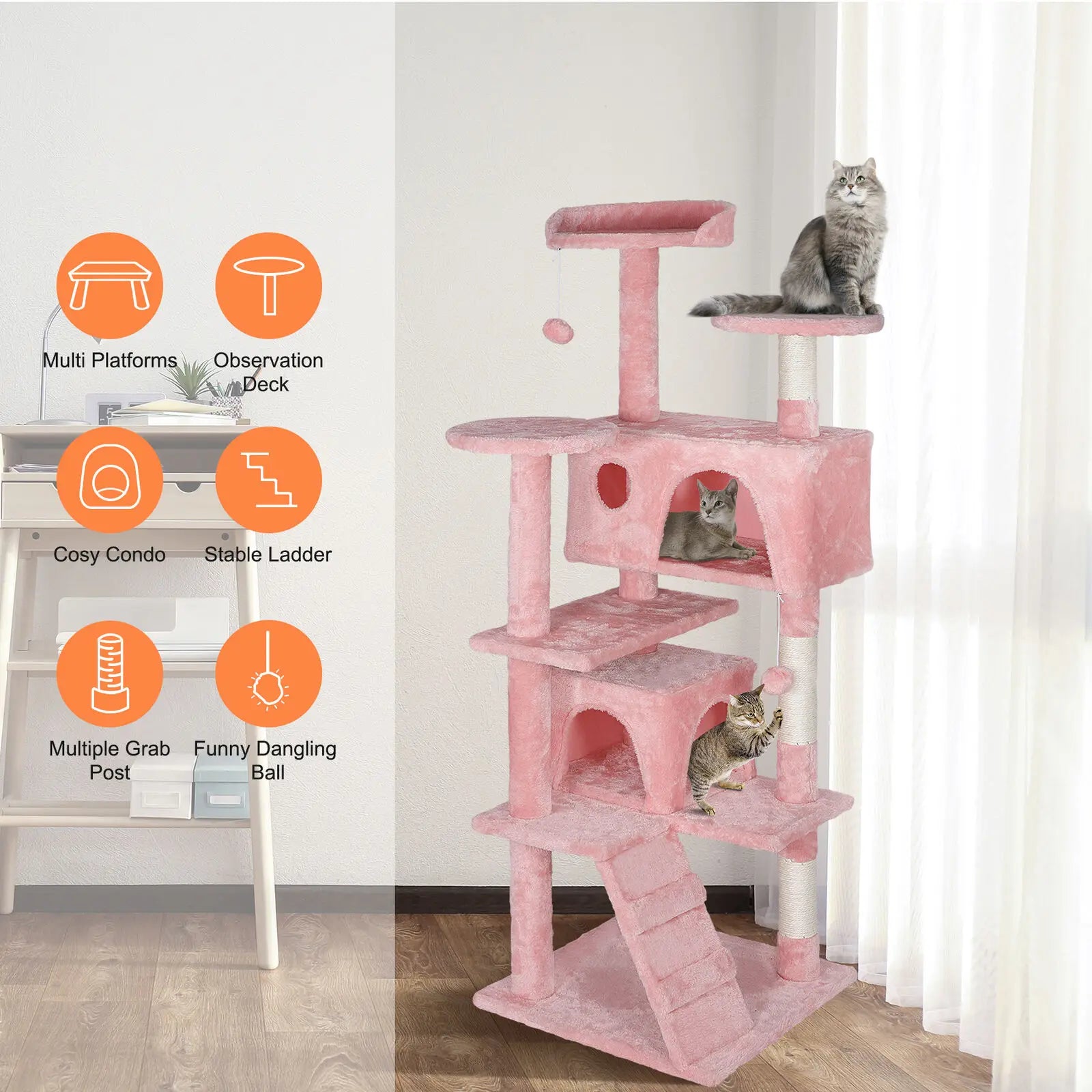 55'' Kitty Cat Tree Pink Cat Condo Tower with Scratching Post Cat Furniture