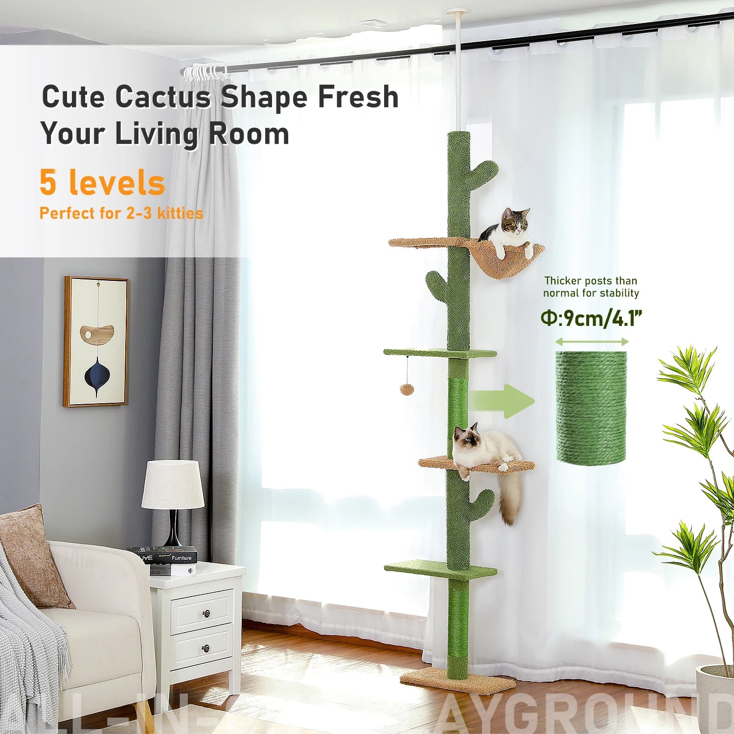 Adjustable 228-274cm Height Floor-to-Ceiling Vertical Cat Tree Stable Tall Cat Climbing Tree Cat Kittens Cat Toy