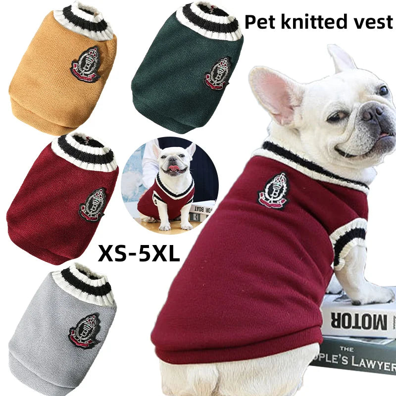 Pet Dog Knitted Sweater Clothes for Small Medium Dogs,Winter Warm Padded V-neck Dog School Uniform,Chihuahua French Bulldog Coat