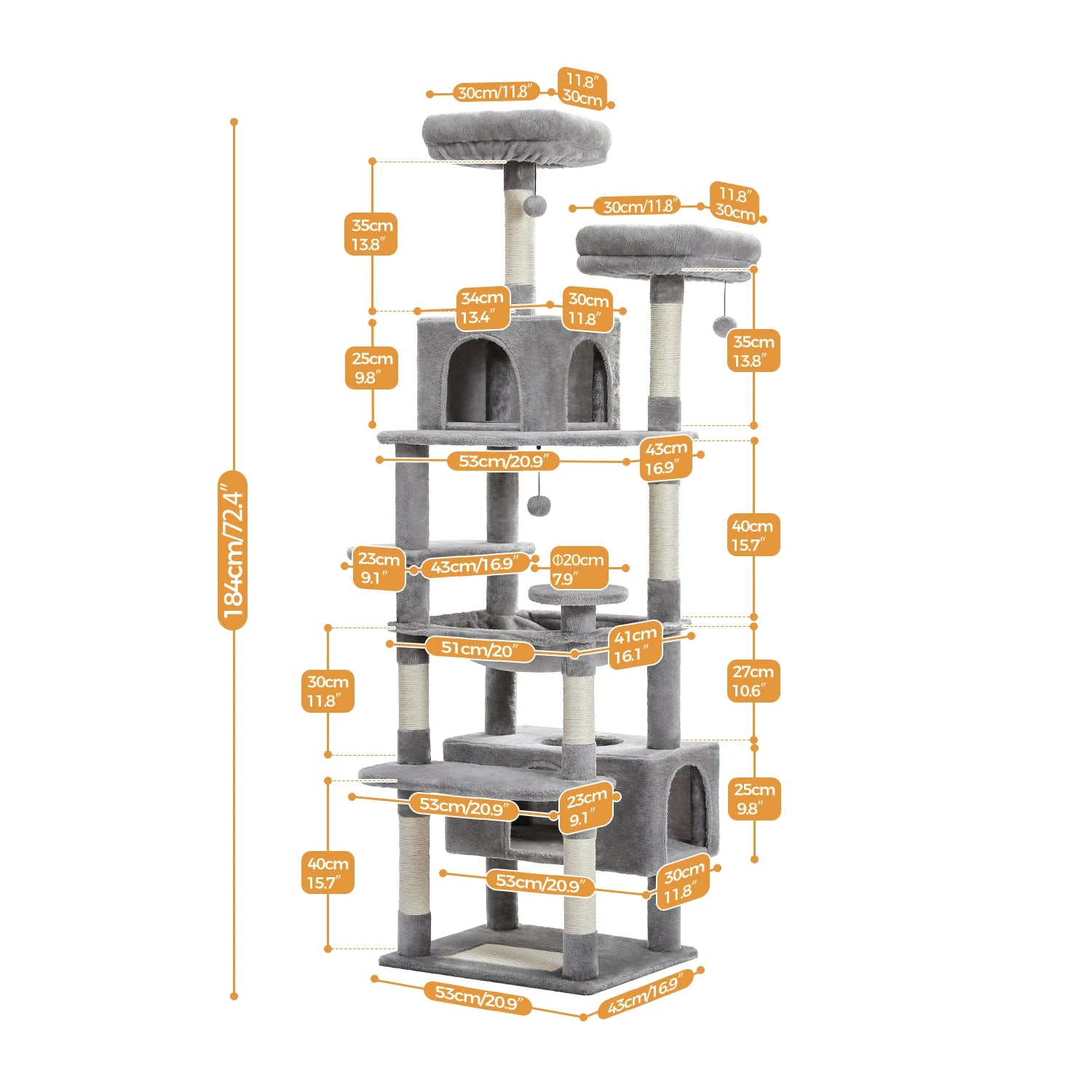 184cm Large Cat Tree and Tower for Indoor Cats With Sisal-Covered Scratching Posts Spacious Hammock Padded Perches and Condos