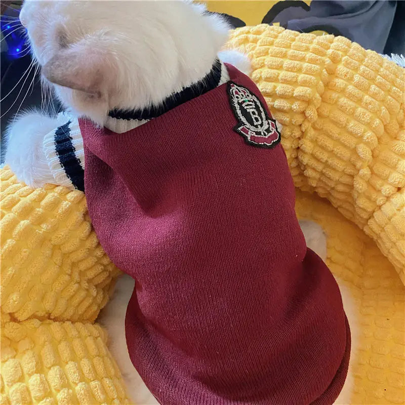 Pet Dog Knitted Sweater Clothes for Small Medium Dogs,Winter Warm Padded V-neck Dog School Uniform,Chihuahua French Bulldog Coat