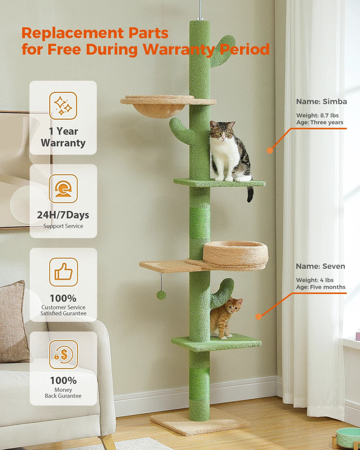 Adjustable 228-274cm Height Floor-to-Ceiling Vertical Cat Tree Stable Tall Cat Climbing Tree Cat Kittens Cat Toy