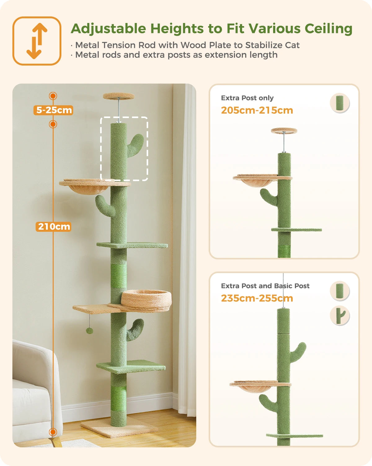 Adjustable 228-274cm Height Floor-to-Ceiling Vertical Cat Tree Stable Tall Cat Climbing Tree Cat Kittens Cat Toy