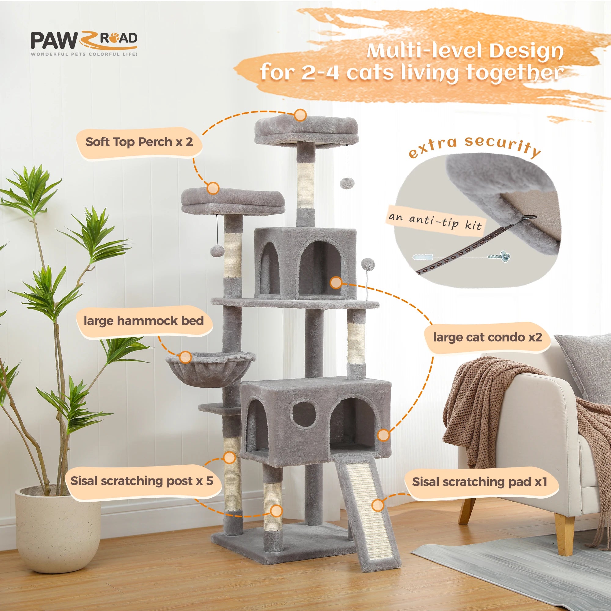 Free Shipping  Multi-Level Cat Tree For Cats With Cozy Perches Stable Cat Climbing Frame Cat Scratch Board Toys Cat Furniture