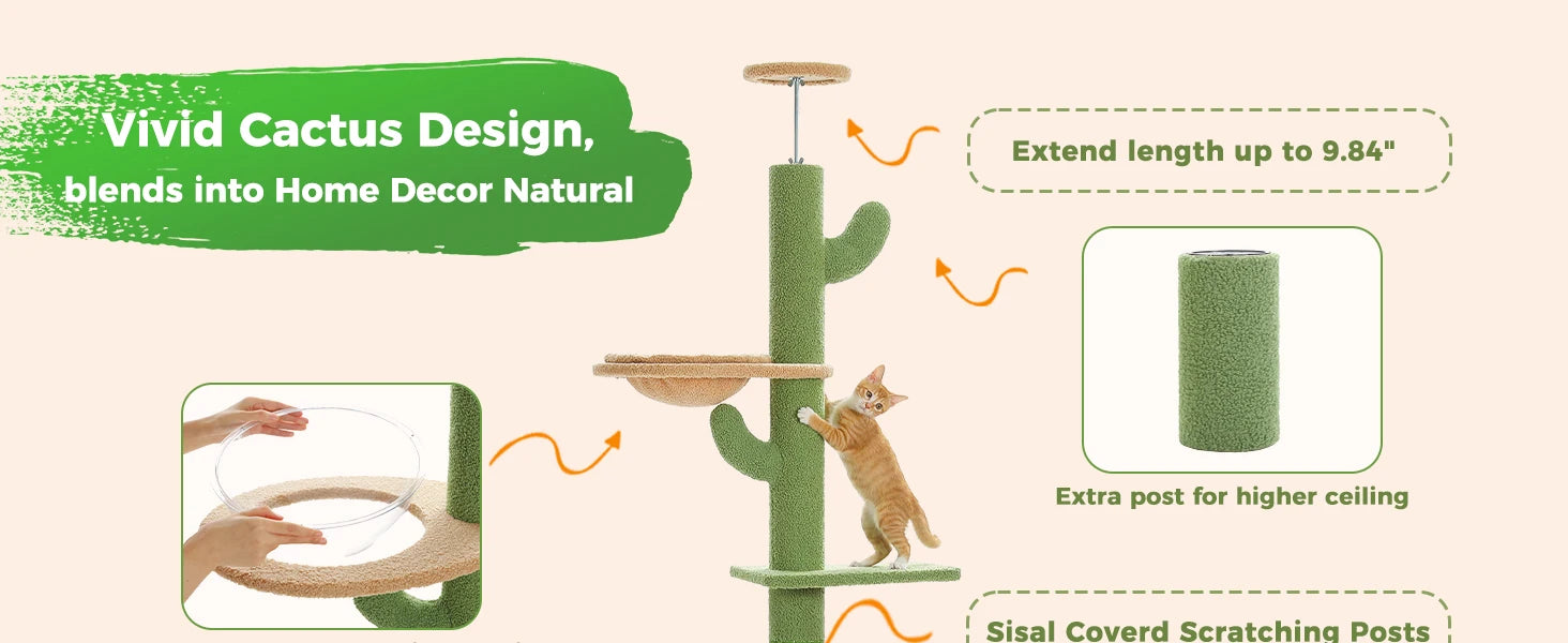 Adjustable 228-274cm Height Floor-to-Ceiling Vertical Cat Tree Stable Tall Cat Climbing Tree Cat Kittens Cat Toy