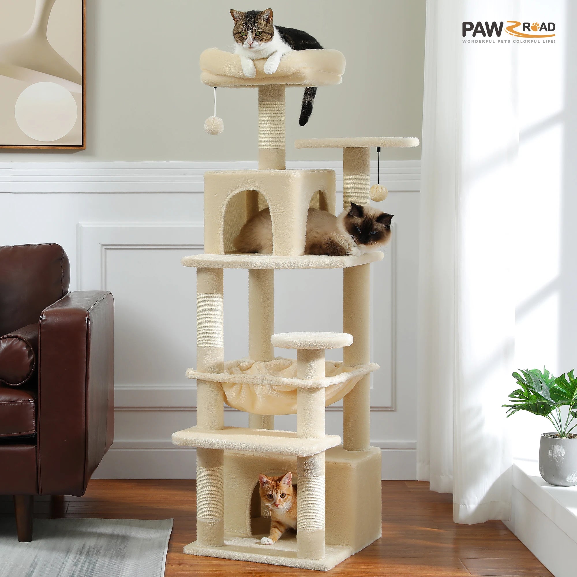 184cm Large Cat Tree and Tower for Indoor Cats With Sisal-Covered Scratching Posts Spacious Hammock Padded Perches and Condos