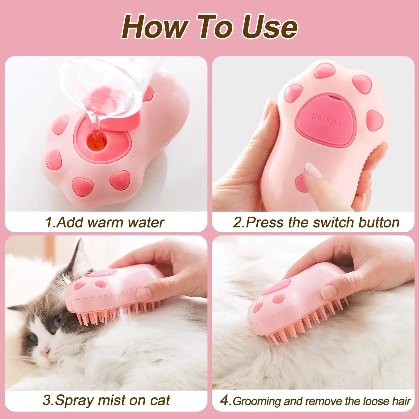 Remove unwanted pet hair and massage pet with 3 in 1 Steam Brush. Animals love it