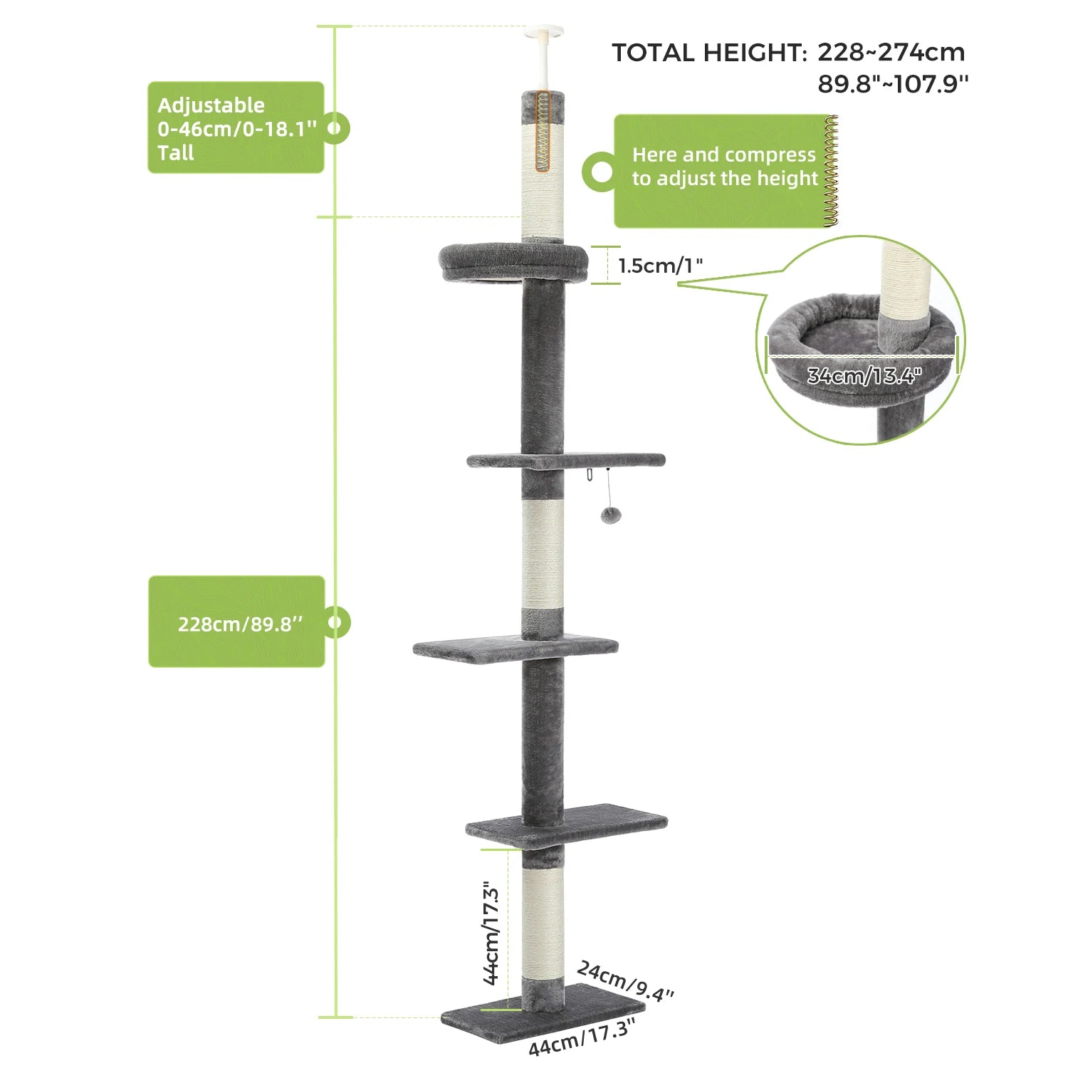 Adjustable 228-274cm Height Floor-to-Ceiling Vertical Cat Tree Stable Tall Cat Climbing Tree Cat Kittens Cat Toy