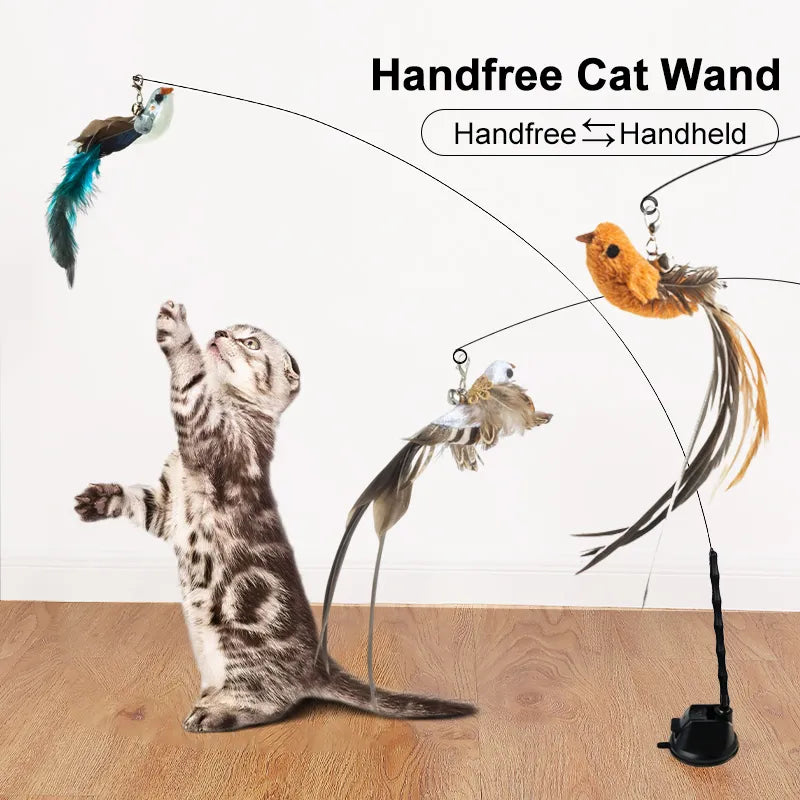 Happy Cats have Hours of Playing time with our Hand free Bird/Feather Cat Wand with Bell Powerful Suction Cup Interactive Toys for Cats Kitten Hunting Exercise Pet Products