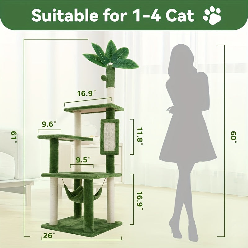 "55'' Cat Tree Tower With Green Leaves Cozy Plush Condo, Leaf-Shaped Design & Scratching Posts For Indoor Cats! Perfect Playhouse With Hanging Ball For Active Felines."