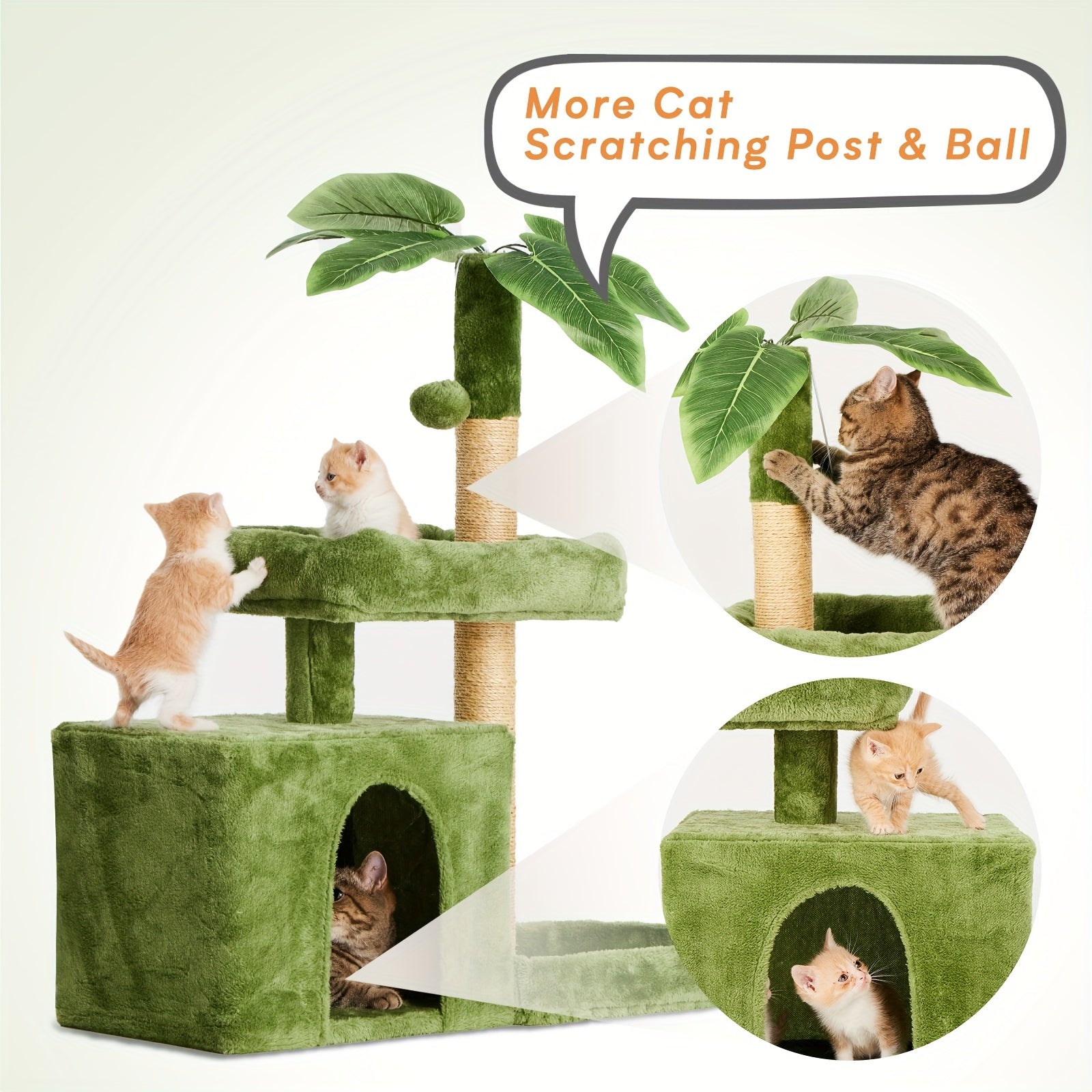 31.5" Cat Tree For Indoor Cats, Cat Tower With Cat Condo, Hanging Ball, Srcathing Post, Green