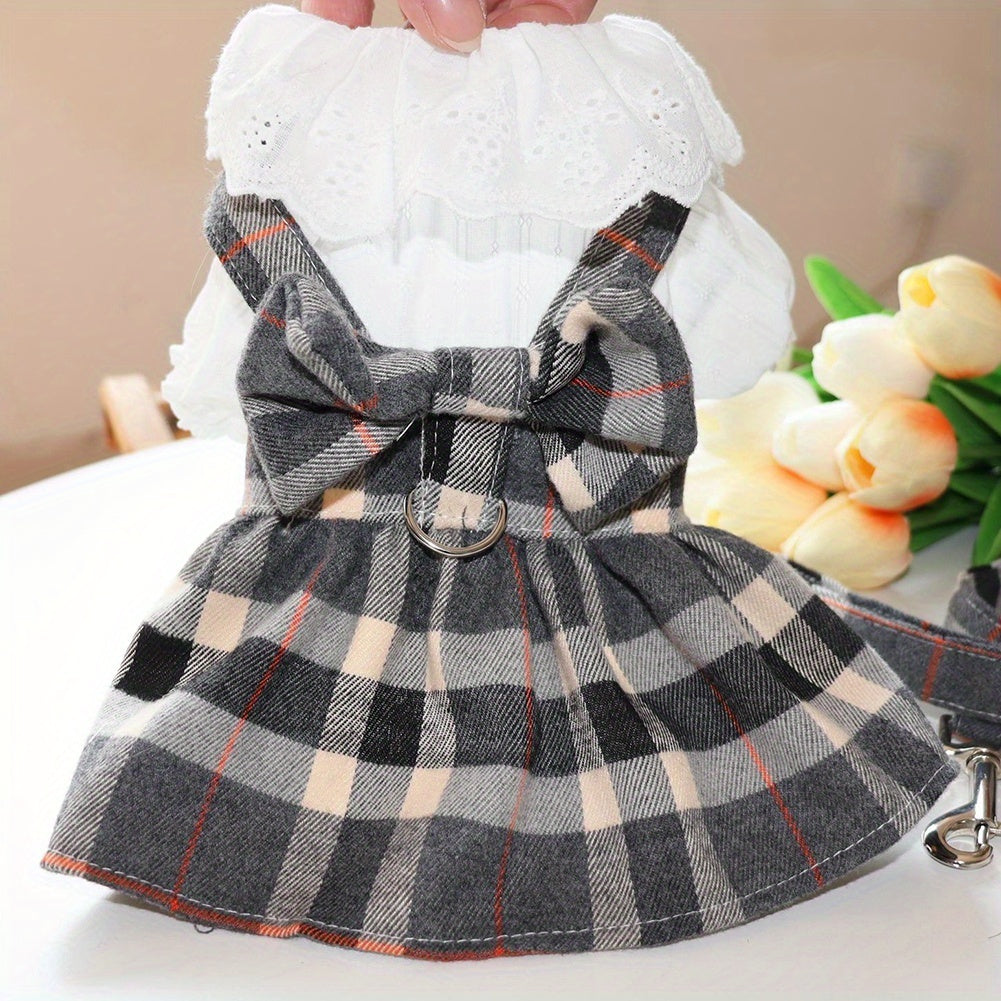 Dog Harness Dress with Leash Set, Princess Dog Dress for Small Dog Girl, Fashion Simple Plaid Puppy Dresses with D Ring, Pet Clothes Outfits Cat Apparel