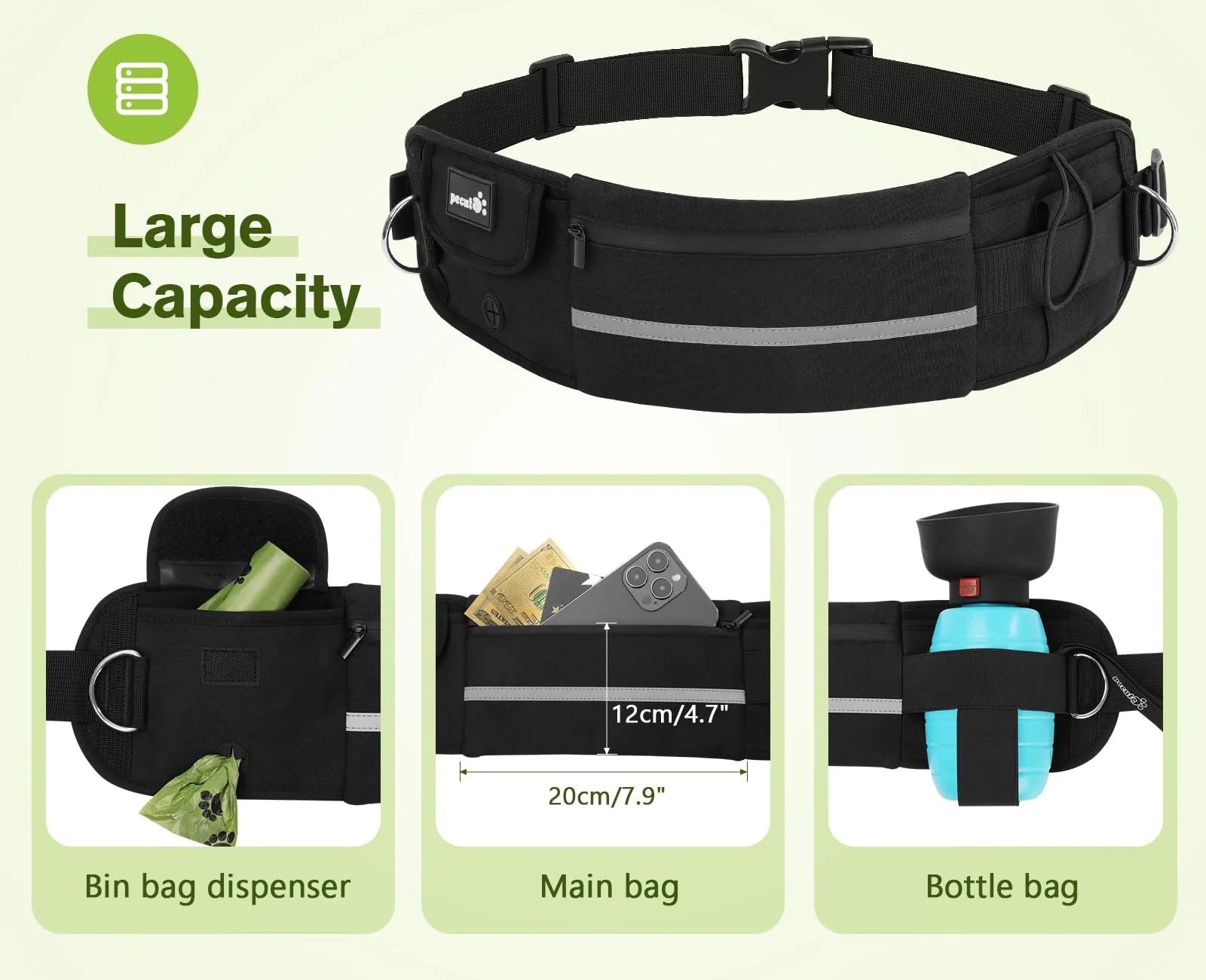 Hands-Free Dog Leash with Bag in Black