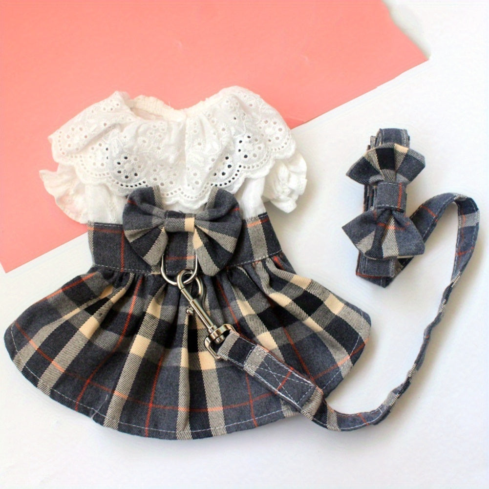 Dog Harness Dress with Leash Set, Princess Dog Dress for Small Dog Girl, Fashion Simple Plaid Puppy Dresses with D Ring, Pet Clothes Outfits Cat Apparel