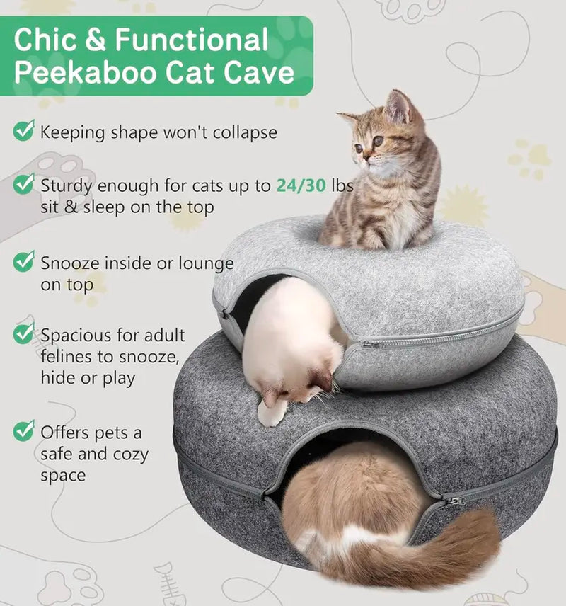 Furrmazing Cat Tunnel Bed for Indoor Cats with 3 Toys, Large Donut Cat Cave Bed, Scratch Resistant Cat Bed, for Cats up to 30 Lbs