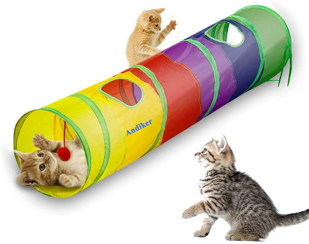 Colorful Cat Tunnel with Collapsible Tubes, Red Fun Ball, and 2 Holes - Interactive Indoor Play Toy for Cats