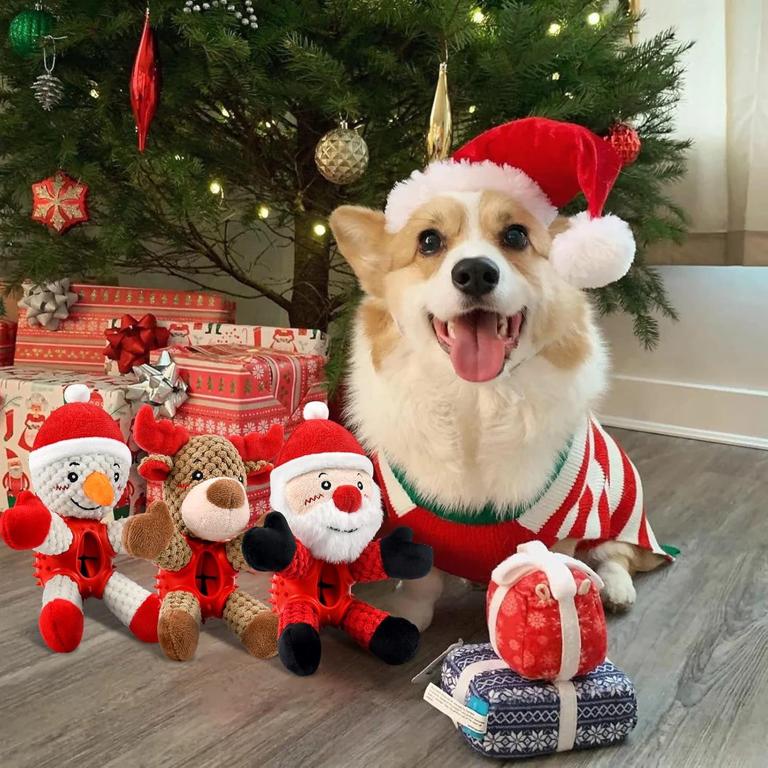 Christmas Squeaky Dog Toys, Durable Latex Rubber Dog Chew Bite Toy Stuffed Dog Toys, Funny Interactive Dog Toys with Crinkle Paper for Puppy Small Medium Pets Dogs (Elk)