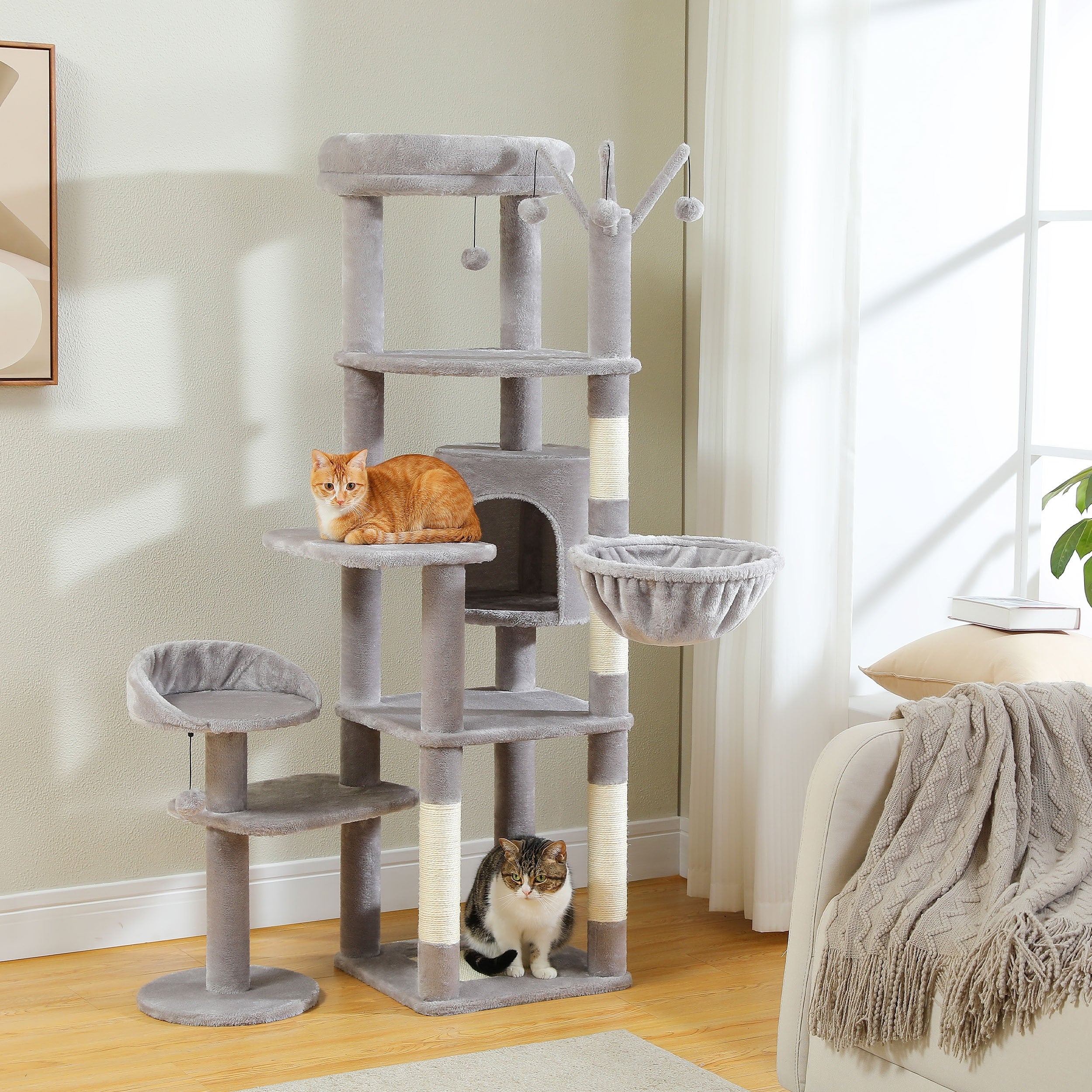 59" Cactus Cat Tree, Large Cat Tree For Indoor Cats, Cat Tower For Large Cats, Multi-Level Cat Tower, Cat Condo With Large Hammock, Scratching Post, And 2 Perches