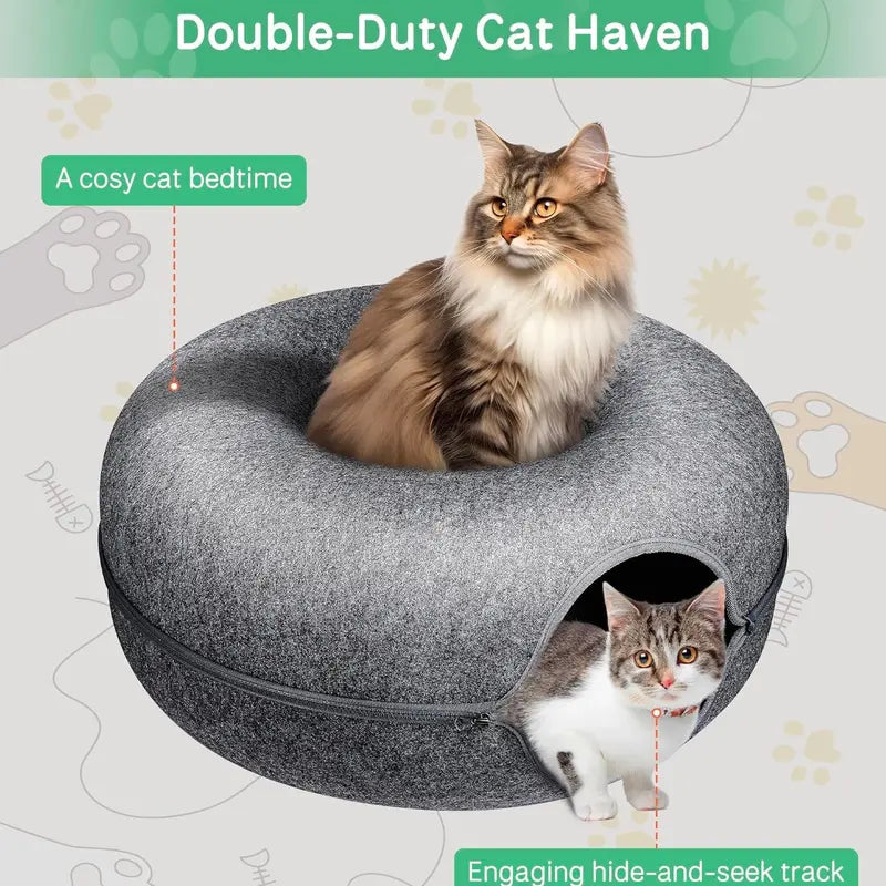 Furrmazing Cat Tunnel Bed for Indoor Cats with 3 Toys, Large Donut Cat Cave Bed, Scratch Resistant Cat Bed, for Cats up to 30 Lbs