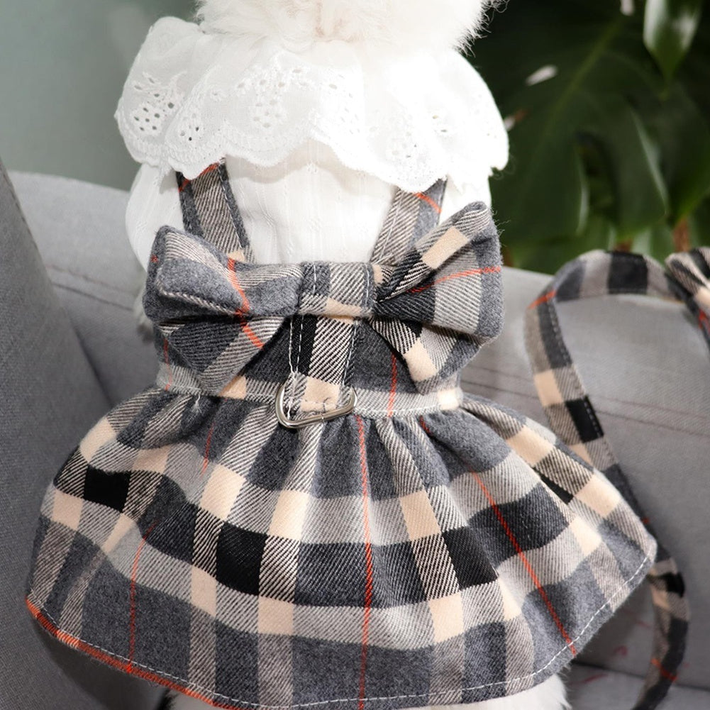 Dog Harness Dress with Leash Set, Princess Dog Dress for Small Dog Girl, Fashion Simple Plaid Puppy Dresses with D Ring, Pet Clothes Outfits Cat Apparel