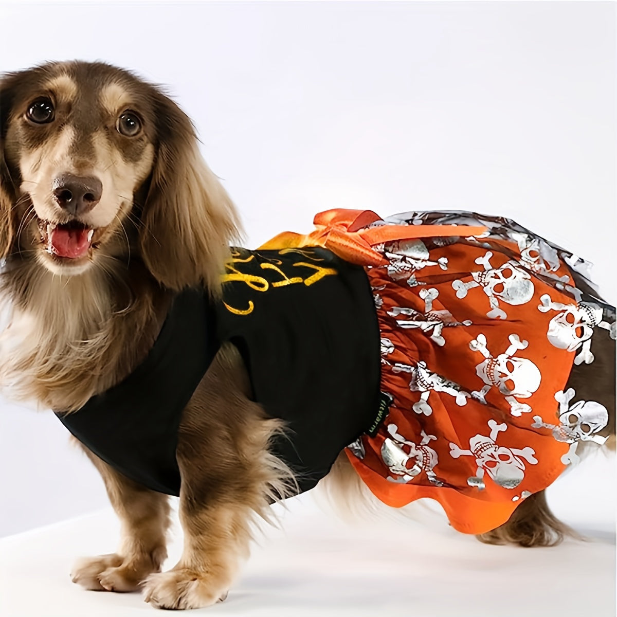 Hocus Pocus Y'all Dog Dress - Halloween Party Knit Fabric Pet Costume with Mesh Tutu Skirt - Pumpkin & Skeleton Print Pullover for Medium, Large, Small, Mini & Toy Breeds - 100% Polyester Fiber