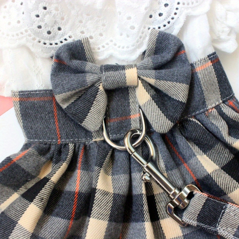 Dog Harness Dress with Leash Set, Princess Dog Dress for Small Dog Girl, Fashion Simple Plaid Puppy Dresses with D Ring, Pet Clothes Outfits Cat Apparel