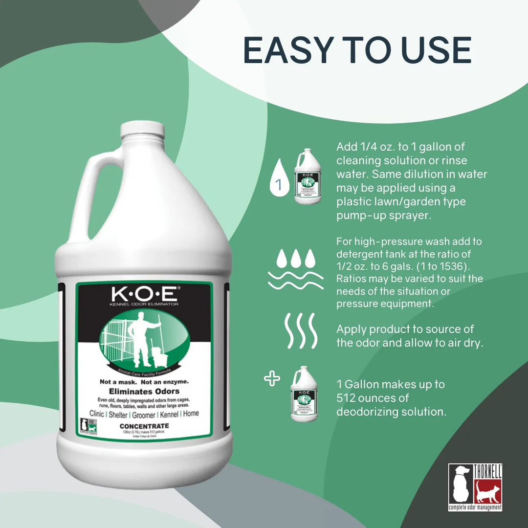 Thornell KOE Kennel Odor Eliminator Concentrate, Odor Eliminator for Strong Odors, Great for Cages, Runs, Floors & More, Pet Odor Eliminator for Home & Kennel W/Safe, Non-Enzymatic Formula, 128 Oz